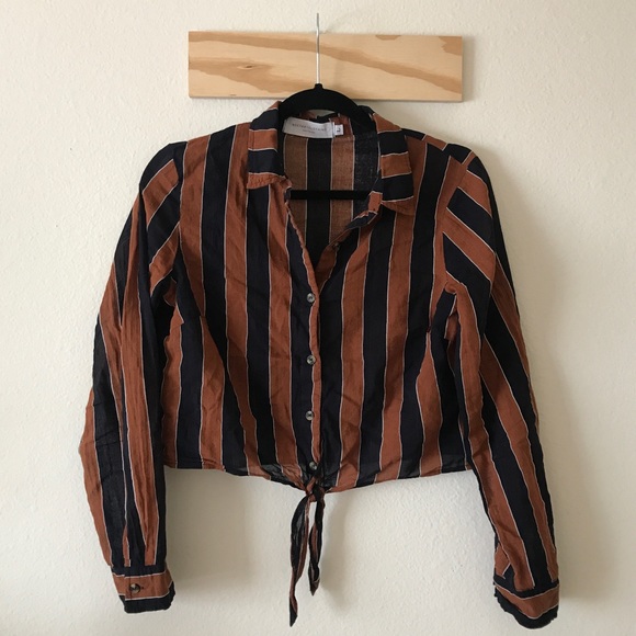 Tan & Blue Stripe Long Sleeves Crop Top - Picture 1 of 4